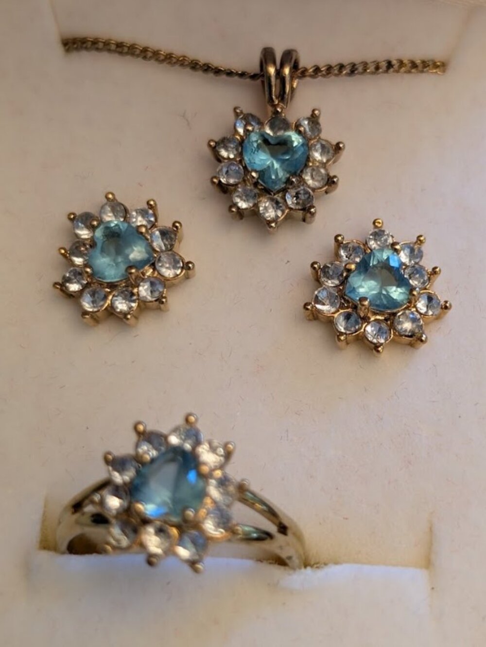 Vintage AVON Tri-Color Gold Tone Aqua Blue Heart Sunflower 4pc Jewelry Set NIB